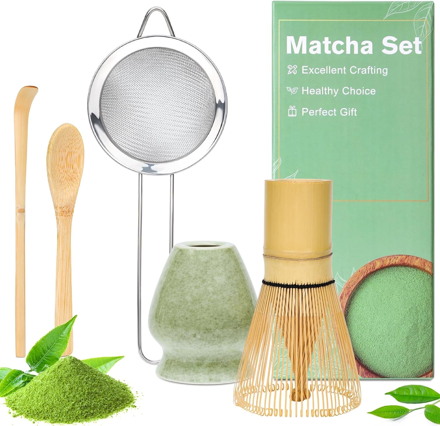 Alyvisun Matcha Set, Juego de té Matcha de 5 Piezas con Tetera Matcha y Soporte para té Matcha, Cucharadita, Juego de té Matcha para Amantes del Matcha, Ideal para Principiantes y entusiastas