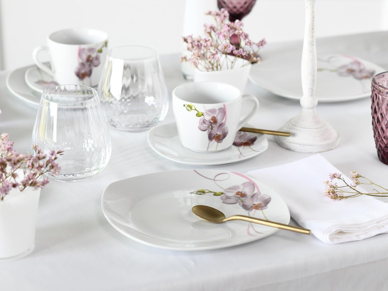 CreaTable, 24024, Serie Square Orchid, Vajilla de 18 piezas para 6 personas, Servicio de café de porcelana, Apto para lavavajillas y microondas, Fabricación de calidad