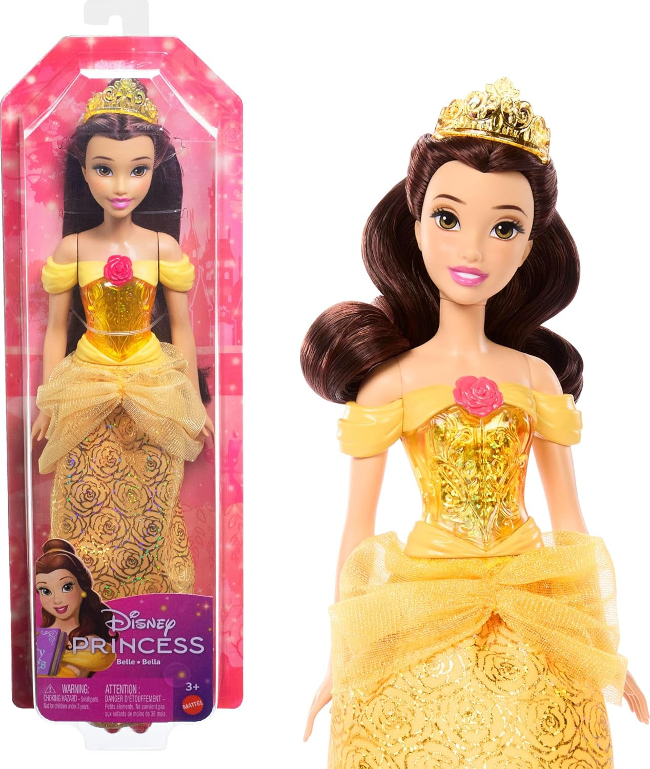 Mattel Disney Princess Toy Muñeca articulada Belle Fashion con ropa y accesorios brillantes Regalo inspirado en la película de Disney para niños HLW11