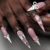 Mouyouglow-uñas largas Stiletto, color blanco lechoso, degradado, purpurina rosa, uñas postizas frescas con pegamento, uñas artificiales con purpurina rosa ombré