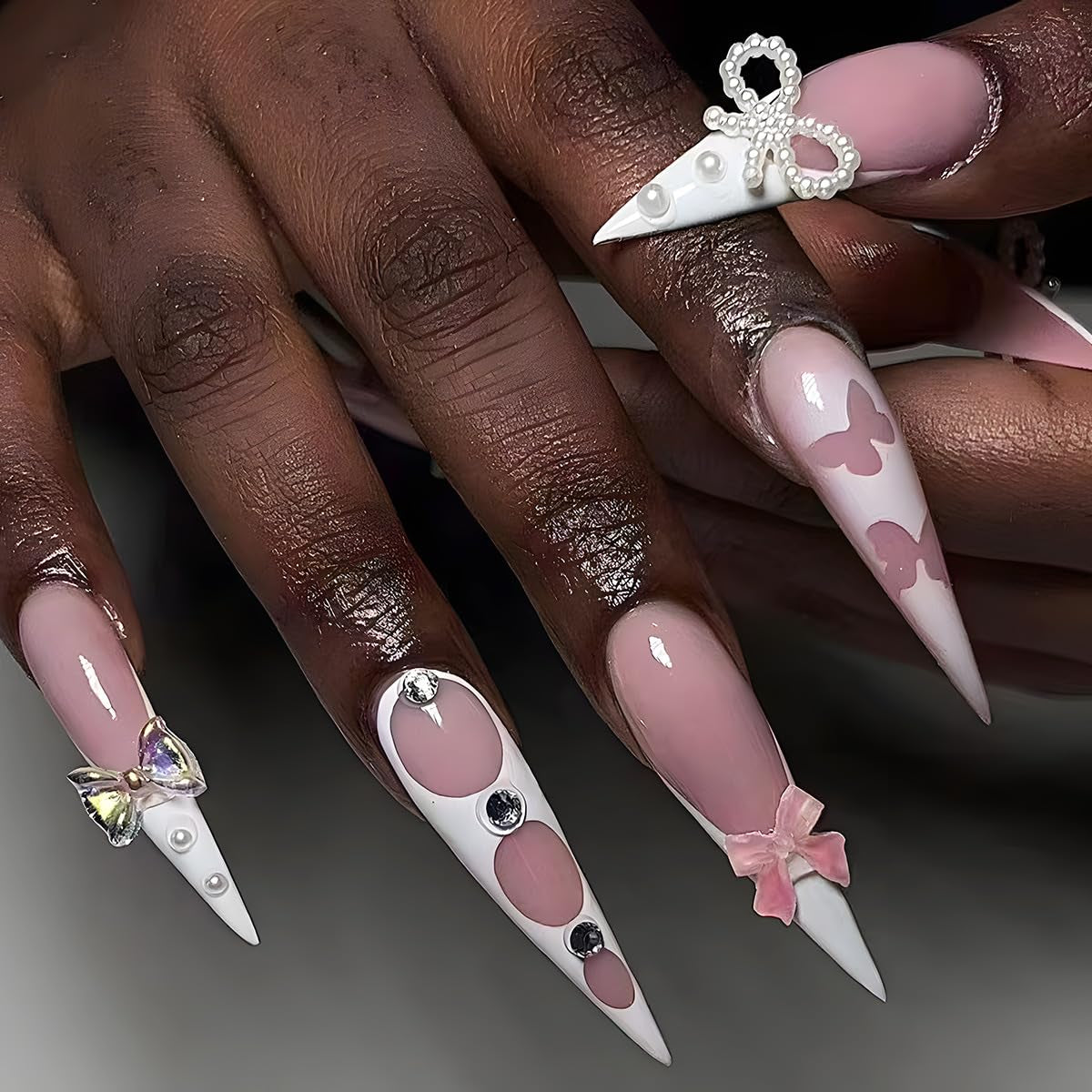 Mouyouglow-uñas largas Stiletto, color blanco lechoso, degradado, purpurina rosa, uñas postizas frescas con pegamento, uñas artificiales con purpurina rosa ombré