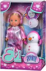 Simba 105733646 - Evi Love Snow, muñeca con un bonito traje de nieve y muñeco de nieve para construir, 12 cm, a partir de 3 años