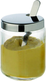 APS 40415 Olla para mostaza, juego de 2 unidades, Ø 5 cm cada una, A: 6 cm, vidrio, acero inoxidable, incl. cuchara y tapa