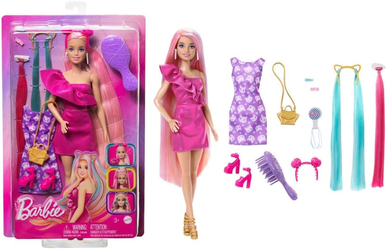 Barbie Totally Hair - Muñeca con cabello arcoíris extralargo fácil de peinar y 10 accesorios de moda y peinado, vestido de lunares con bloques de colores, para edades de 3 años en adelante, HKT96