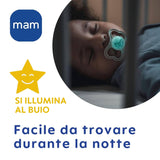 Chupete MAM Air Night 6-16 meses (paquete de 2) Chupete MAM 6-16 meses, brilla en la oscuridad para pieles sensibles, accesorio para bebé, paquete de 2 con tetina de silicona y soporte para chupete, neutro/verde