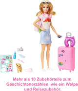 Muñeca Barbie, Barbie de viaje con cabello rubio, más de 10 accesorios de viaje, pegatinas, maleta, cachorro, incluye 1 muñeca, regalo para niños, juguete para mayores de 3 años, HJY18