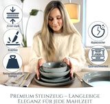 Steingut Geschirrset 6 Personen Rústico 24 tlg. TESTSIEGER, Hochwertiges Landhaussttil Steingut Geschirr Set, Schüssel- und Teller Set, Tafelservice 6 Personen, Geschirrsets Pure Living in Rauchblau