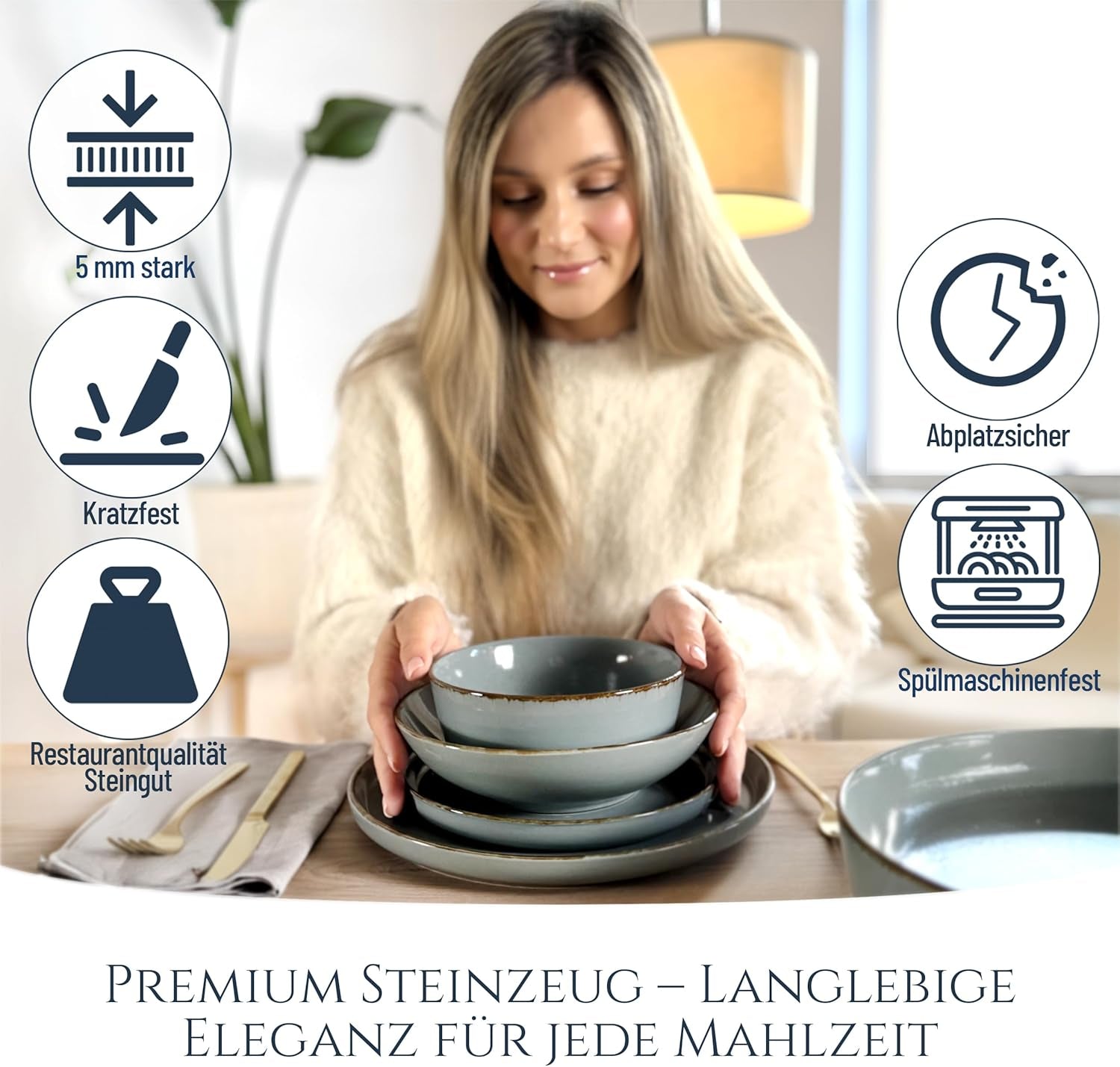 Steingut Geschirrset 6 Personen Rústico 24 tlg. TESTSIEGER, Hochwertiges Landhaussttil Steingut Geschirr Set, Schüssel- und Teller Set, Tafelservice 6 Personen, Geschirrsets Pure Living in Rauchblau