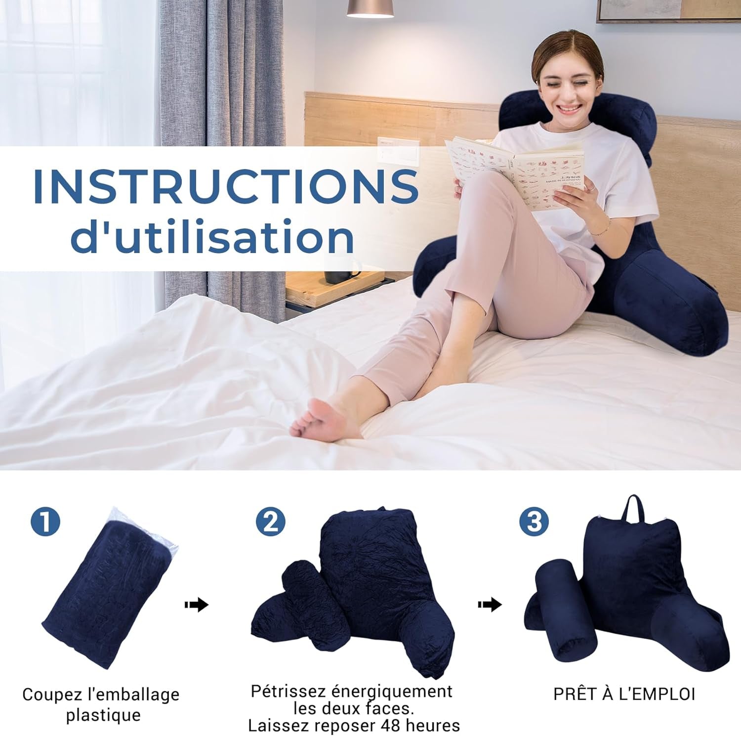 Almohada de lectura ergonómica INFANZIA con reposabrazos y respaldo, azul marino