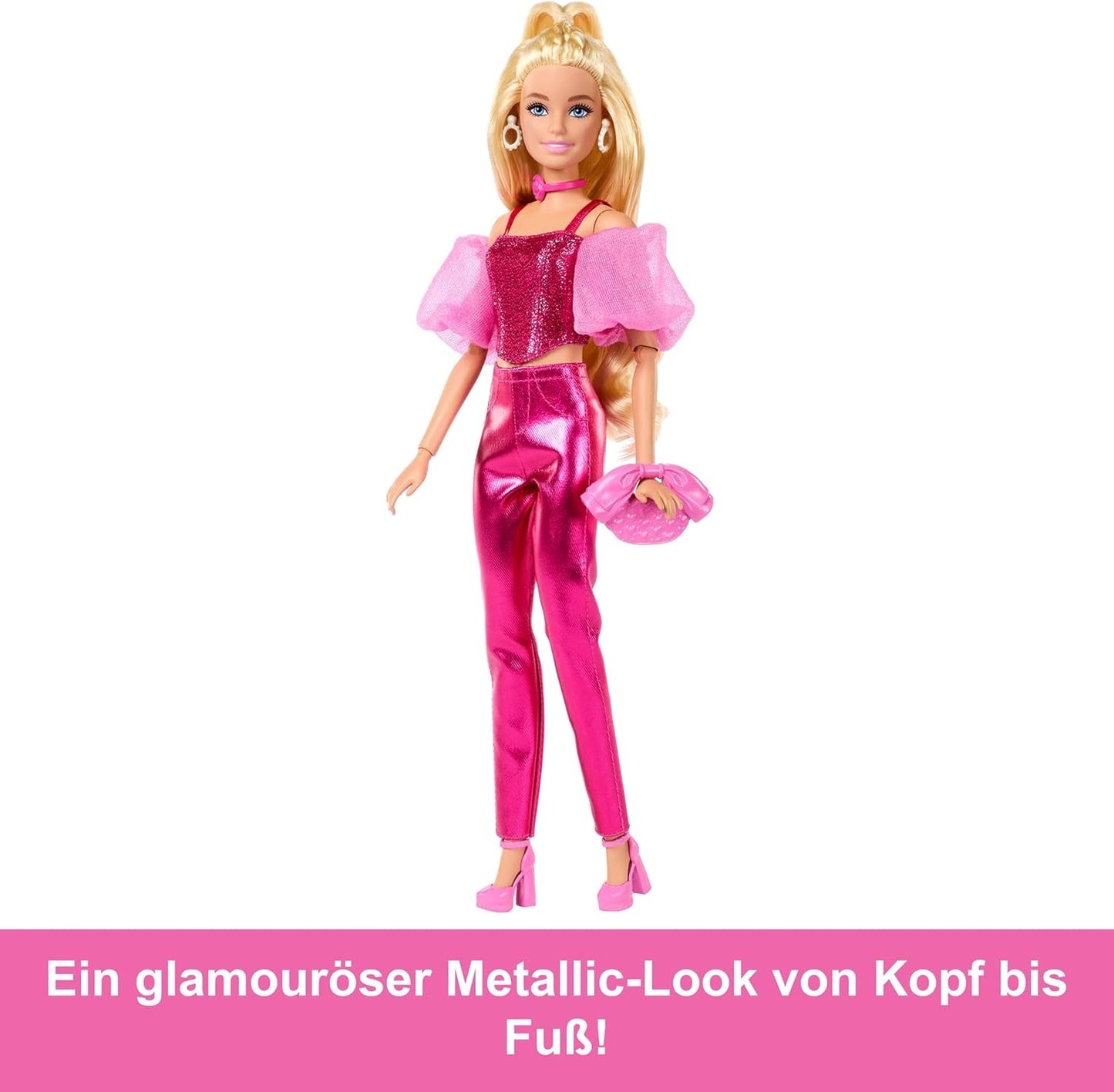Muñeca Barbie Deluxe Style #5 con un traje rubio rosa metálico con un corpiño brillante y pantalones brillantes, con accesorios que incluyen un collar rosa y un bolso, JFP40