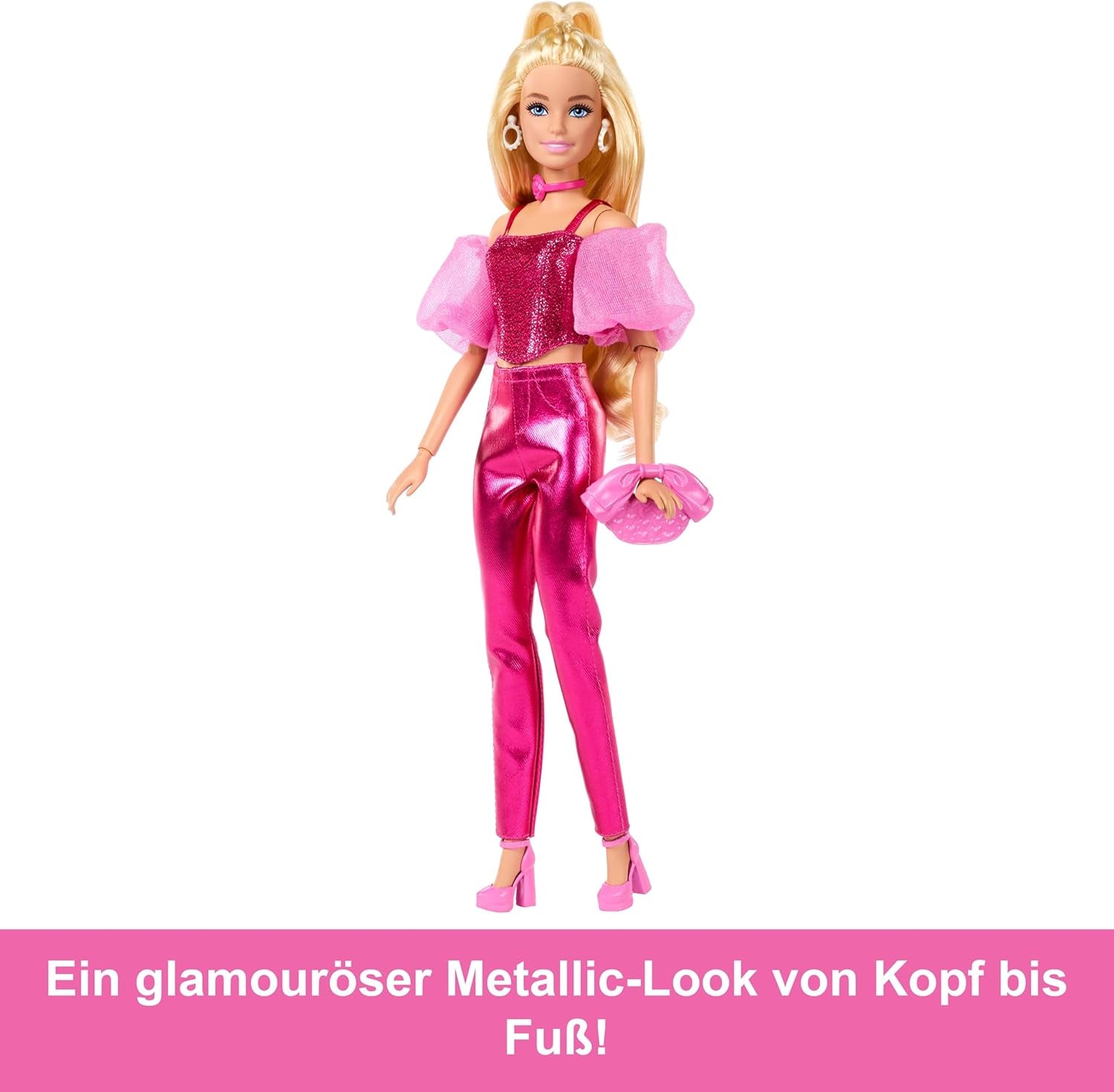 Muñeca Barbie Deluxe Style #5 con un traje rubio rosa metálico con un corpiño brillante y pantalones brillantes, con accesorios que incluyen un collar rosa y un bolso, JFP40