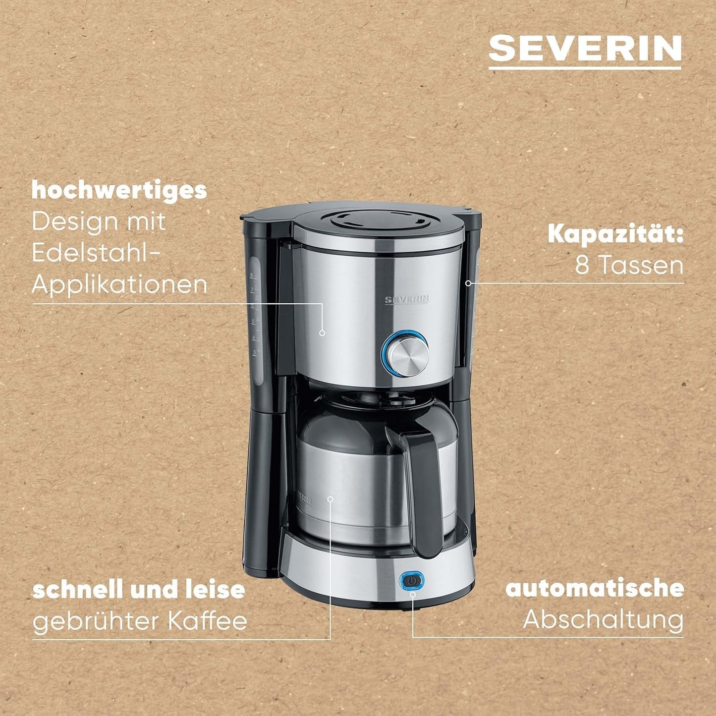 SEVERIN Cafetera espresso "TypeSwitch" con jarra térmica, AromaSwitch para elegir entre 2 perfiles de preparación, cafetera para hasta 10 tazas, 1000W, acero inoxidable cepillado-negro, KA 4845