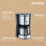 SEVERIN Cafetera espresso "TypeSwitch" con jarra térmica, AromaSwitch para elegir entre 2 perfiles de preparación, cafetera para hasta 10 tazas, 1000W, acero inoxidable cepillado-negro, KA 4845