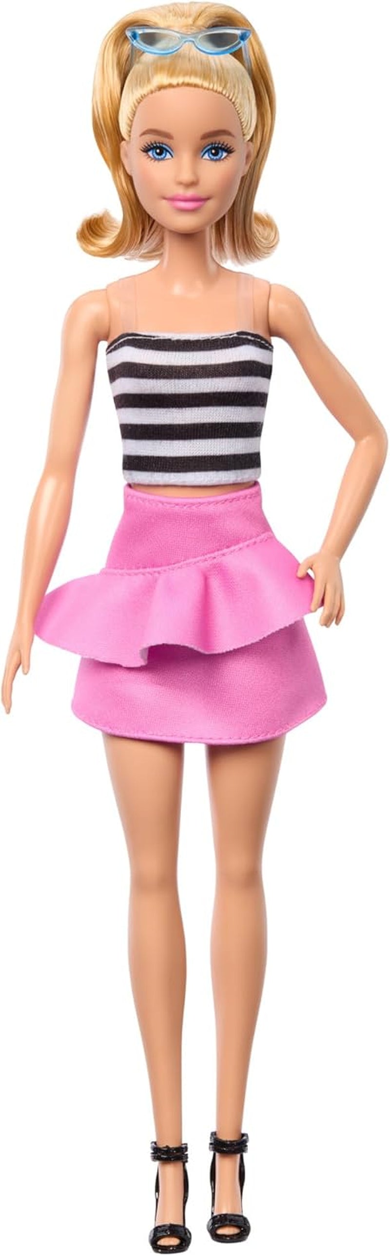Muñeca Barbie Fashionistas núm. 213 Muñeca Rubia con Top de Rayas, Falda Rosa y Gafas de Sol, Cumpleaños 65, Muñeca de Moda Coleccionable HRH11 Naty Shop Dolls
