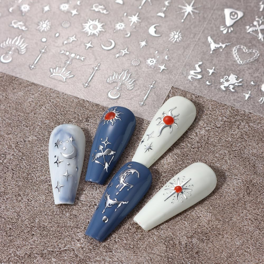 Pegatinas de uñas metálicas plateadas 3D, pegatinas de uñas para mujeres, estrella, luna, sol, láminas para uñas, pegatinas autoadhesivas, pegatinas de uñas de mariposa, pegatinas de uñas, accesorios de diseño de uñas, 8 piezas