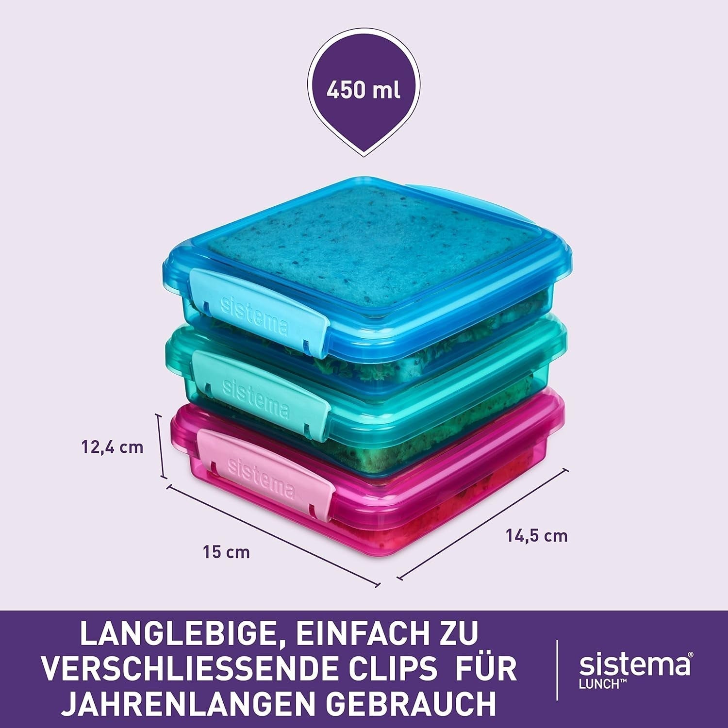 Sistema de caja sándwich para lonchera | 450ml | lonchera apilable y hermética con tapa | para niños y adultos | sin BPA | colores mezclados | Cajas de almacenamiento de alimentos Naty Shop de 3 piezas