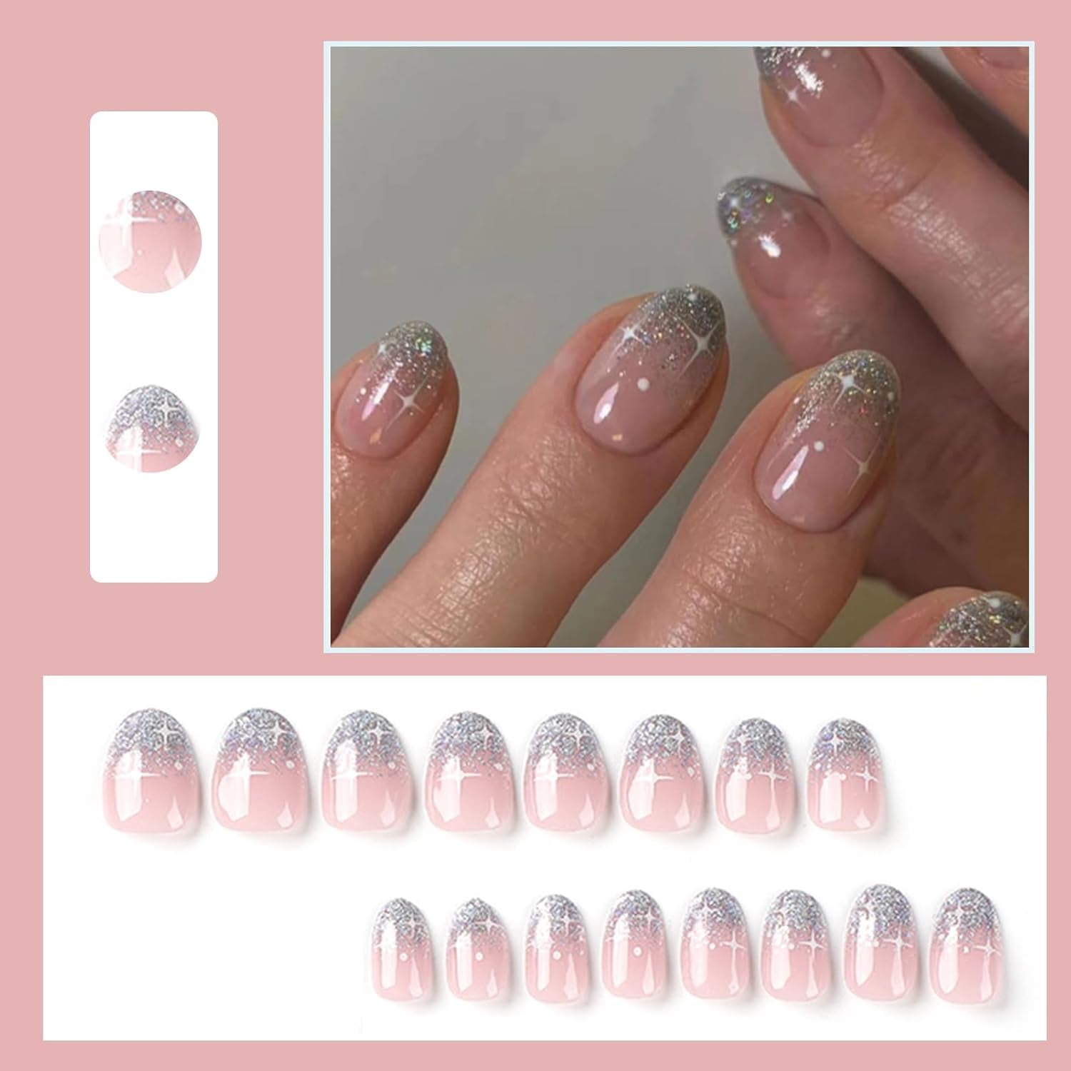 24 piezas de prensa francesa en uñas, diseño corto plateado brillante, uñas artificiales ovaladas, pegamento en uñas acrílicas brillantes, uñas postizas para mujeres y niñas
