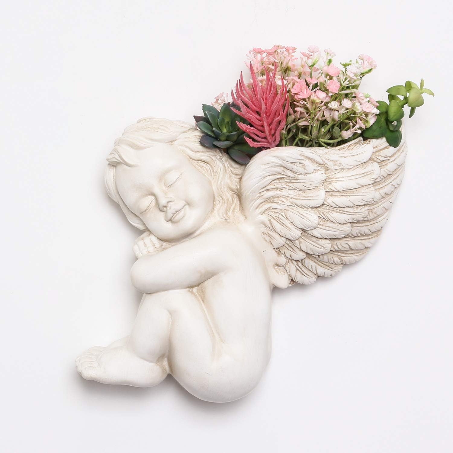 Maceta montada en pared y superficie plana, 20 cm de altura, cabeza de ángel, soporte de pared para flores, florero, cara de muñeca, maceta de resina, mesa, macetas