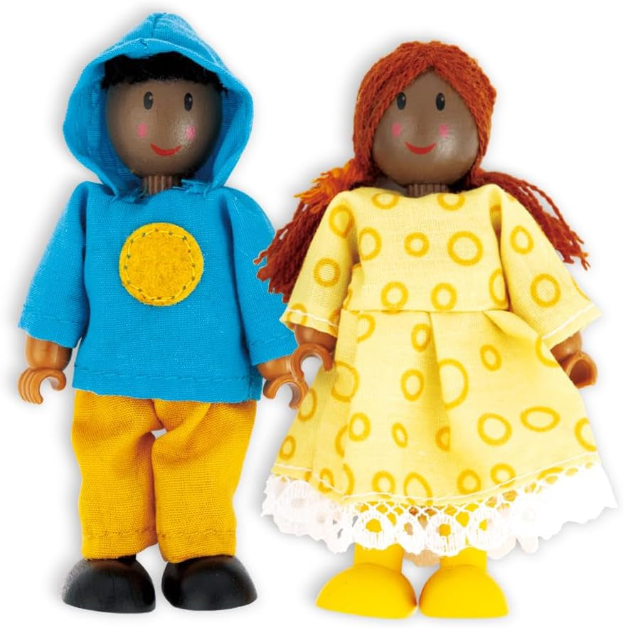 Hape Doll Family - Juego de accesorios para casa de muñecas de cuero oscuro de 6 piezas con figuras de madera y tela, juego de simulación, juguete educativo, juguete de aprendizaje interactivo para niños de 3 años en adelante