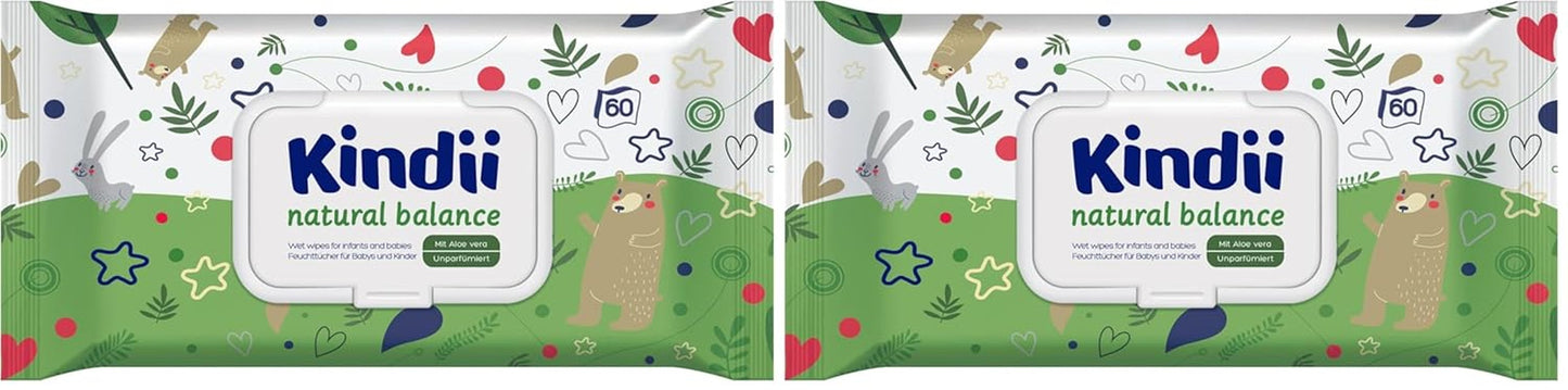 Toallitas húmedas Kindii Natural Balance para bebés - (1 x 60 uds.) Toallitas húmedas para bebés y niños - Protectoras, Aloe Vera, Fragancia delicada - 60 uds.