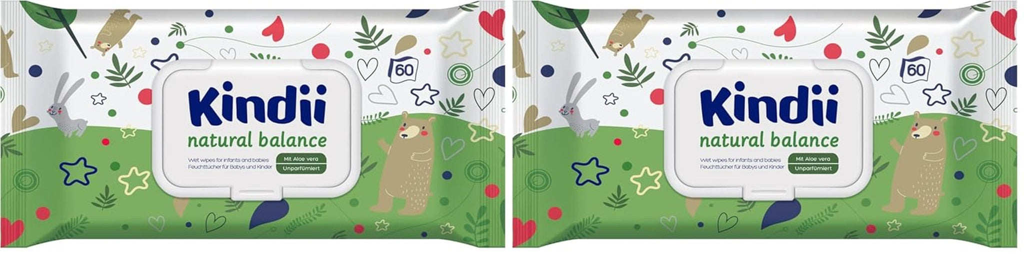 Toallitas húmedas Kindii Natural Balance para bebés - (1 x 60 uds.) Toallitas húmedas para bebés y niños - Protectoras, Aloe Vera, Fragancia delicada - 60 uds.