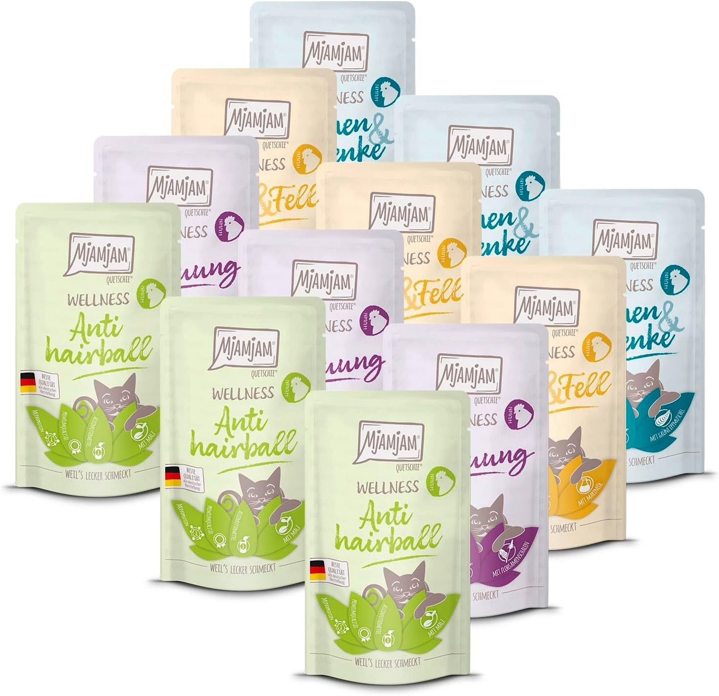 MjAMjAM - Comida húmeda premium para gatos - Paquete de bienestar con pollo, paquete de 12 (12 x 125 g) sin cereales con carne extra