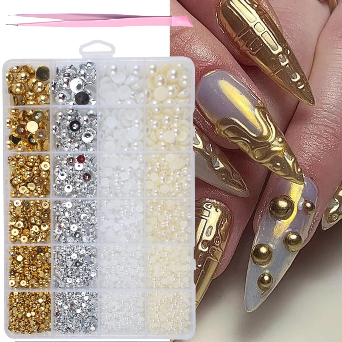 GZMAYUEN 920 Uds. Perlas planas doradas y plateadas para uñas, perlas de uñas color beige medio blanco, perlas pequeñas Halbrunde con parte posterior plana para decoración de uñas DIY