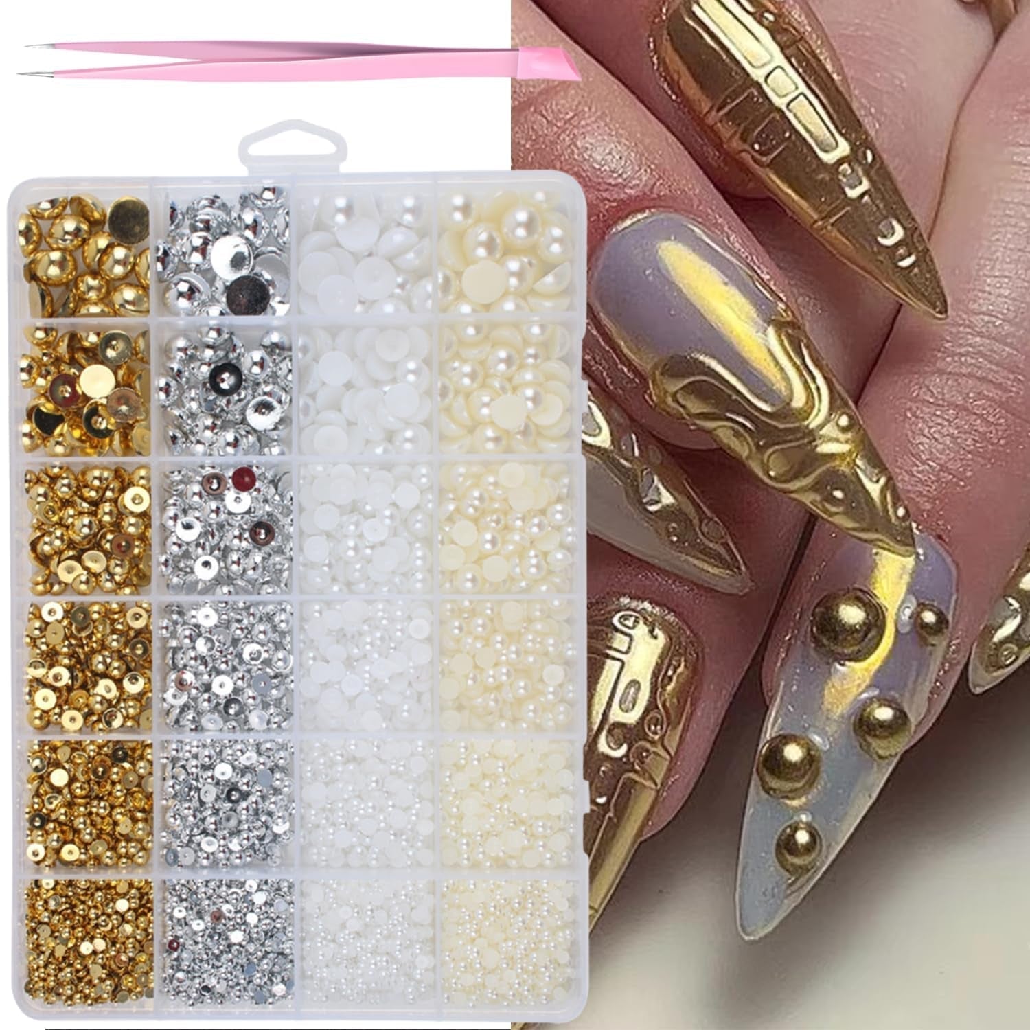 GZMAYUEN 920 Uds. Perlas planas doradas y plateadas para uñas, perlas de uñas color beige medio blanco, perlas pequeñas Halbrunde con parte posterior plana para decoración de uñas DIY