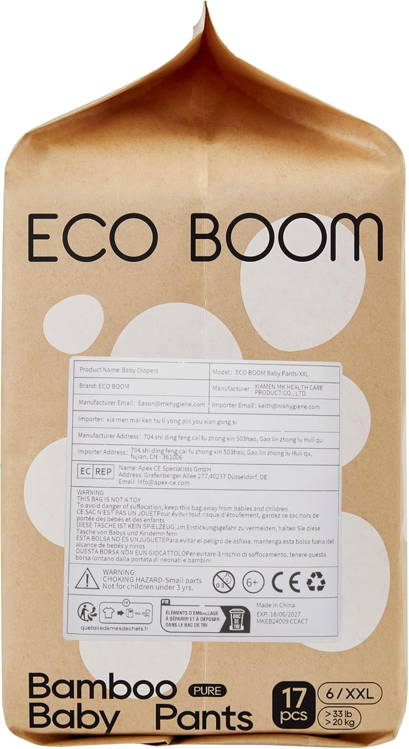 Pañales de bambú para bebé ECO BOOM - Tamaño 6 (20 kg), pañales extraíbles a base de plantas (17 piezas) - Orgánicos de primera calidad, sin fragancia, respetuosos con la piel, súper absorbentes