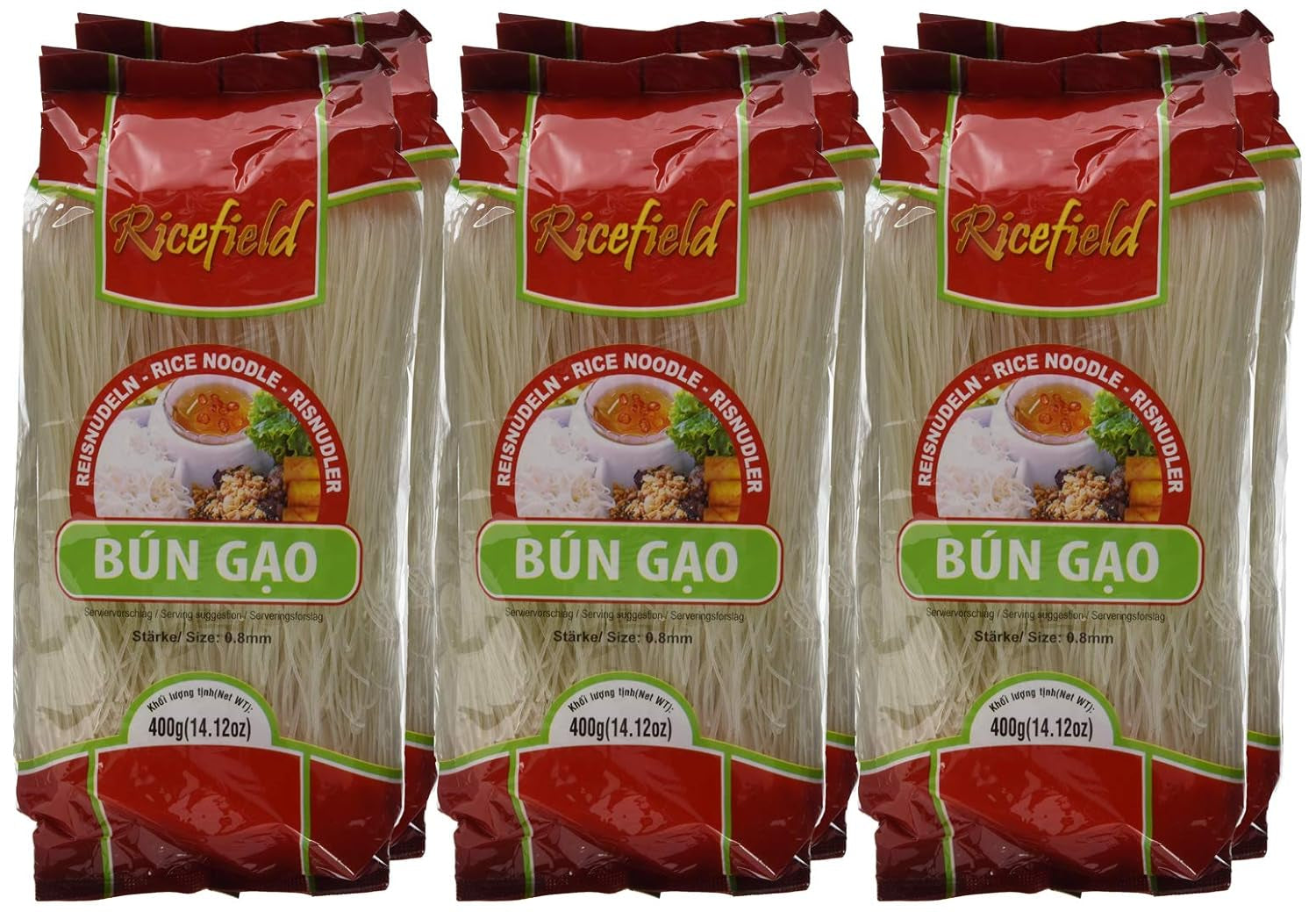 Ricefield Vermicelli Bollo Gao de 0,8 mm, paquete de 6 (6 x 400 g)