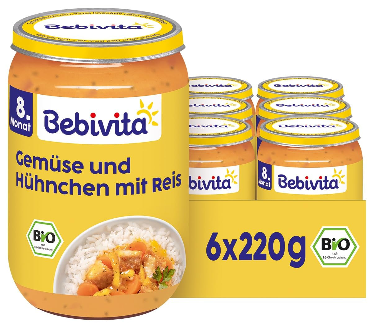 Comidas a partir de 8 meses - Arroz con verduras y pollo, estilo asiático, 220g, paquete de 6 (6x220g)