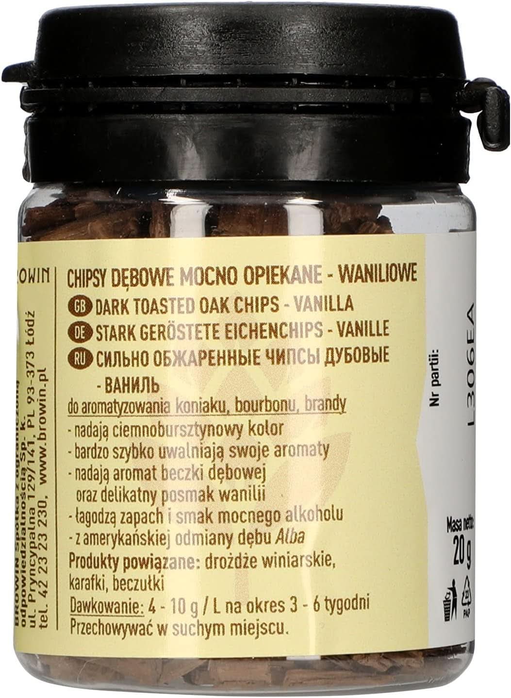 Browin Virutas de roble tostado fuerte 20g - hojuelas, finas barritas de roble para aromatizar el alcohol, marrón Flavors Naty Shop 20 gramos Vainilla