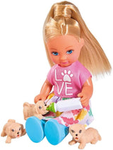 Simba 105733072 - Evi Love Dog Sitter con perro y tres cachorros, accesorios, muñeca de moda, 12 cm, para niños a partir de 3 años