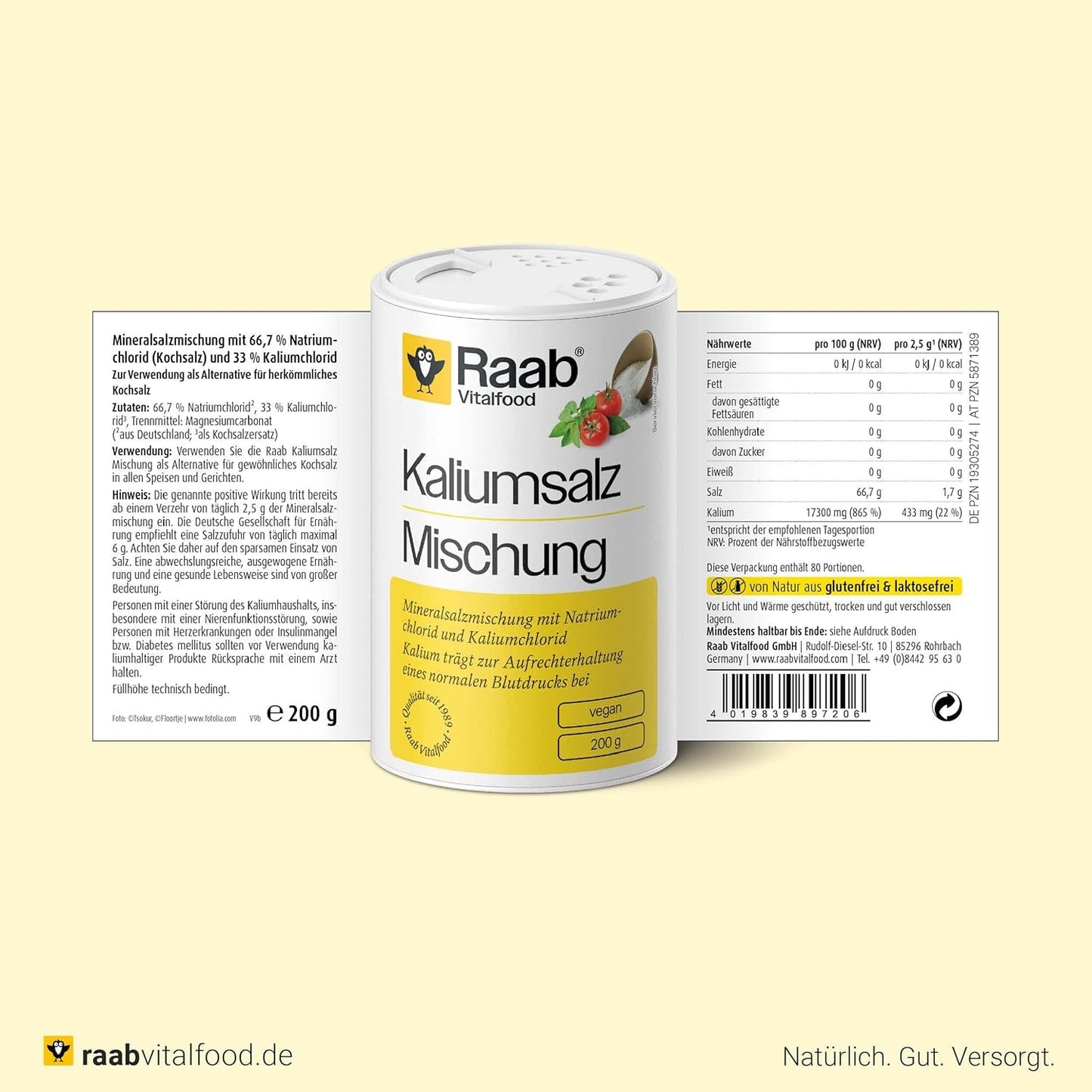 Raab Vitalfood Kalium salt-Mischung, Mineralsalzmischung mit 66,7% Natriumchlorid (Kochsalz) und 33% Kaliumchlorid, Kalium trägt zur Aufrechterhaltung eines normalen Blutdruck bei (1 dosis de 200 g)