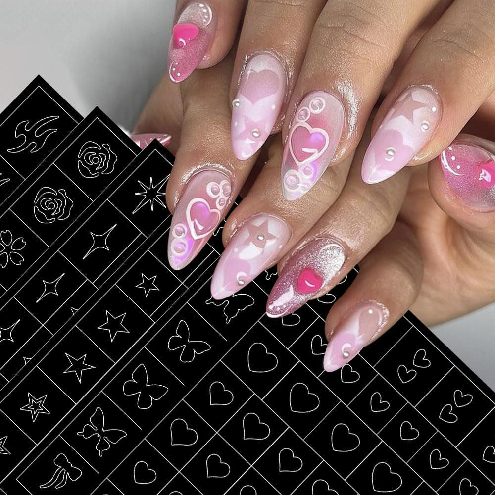 6 hojas de pegatinas de uñas con plantilla de aerógrafo, mariposa, llama, estrellas, corazón, estrellas, pegatinas de uñas, herramienta de plantilla de impresión, pegatinas autoadhesivas para mujeres, pegatinas de diseño de arte de uñas