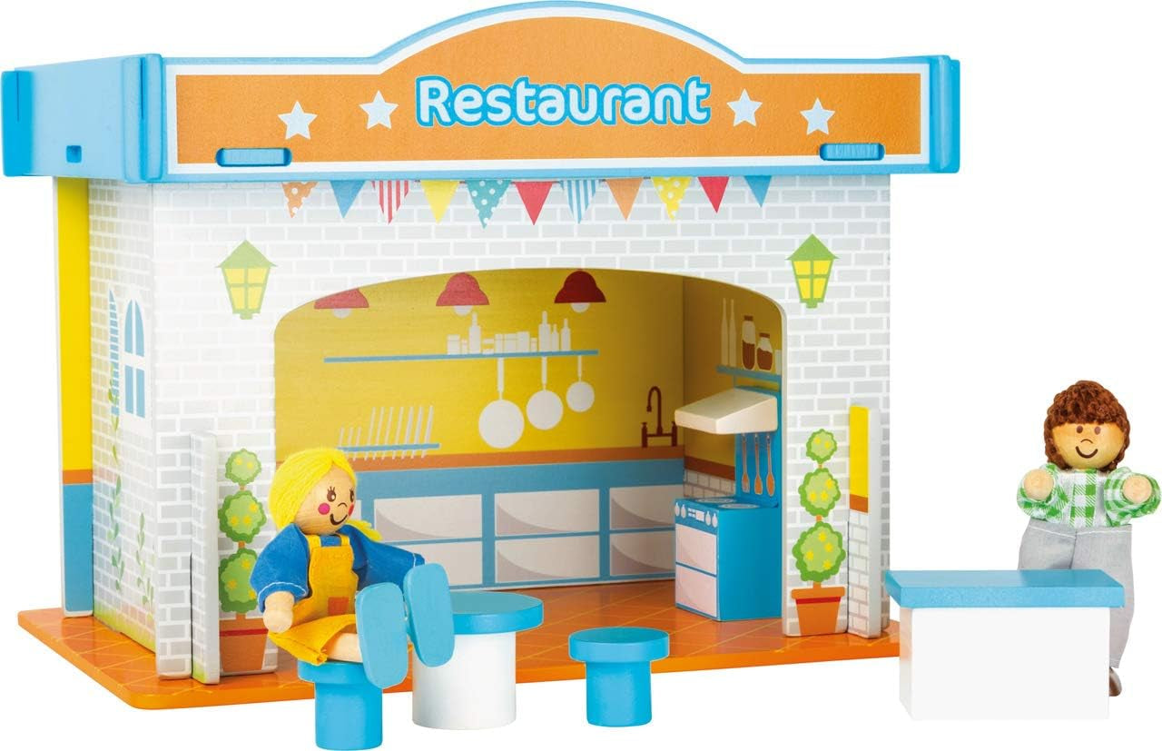 Small Foot 10852 Casa de Juegos Restaurante Fabricada en madera, Con 2 figuras de muñecos, accesorios y techo desmontable, A partir de 3 años Naty Shop Casas de muñecas