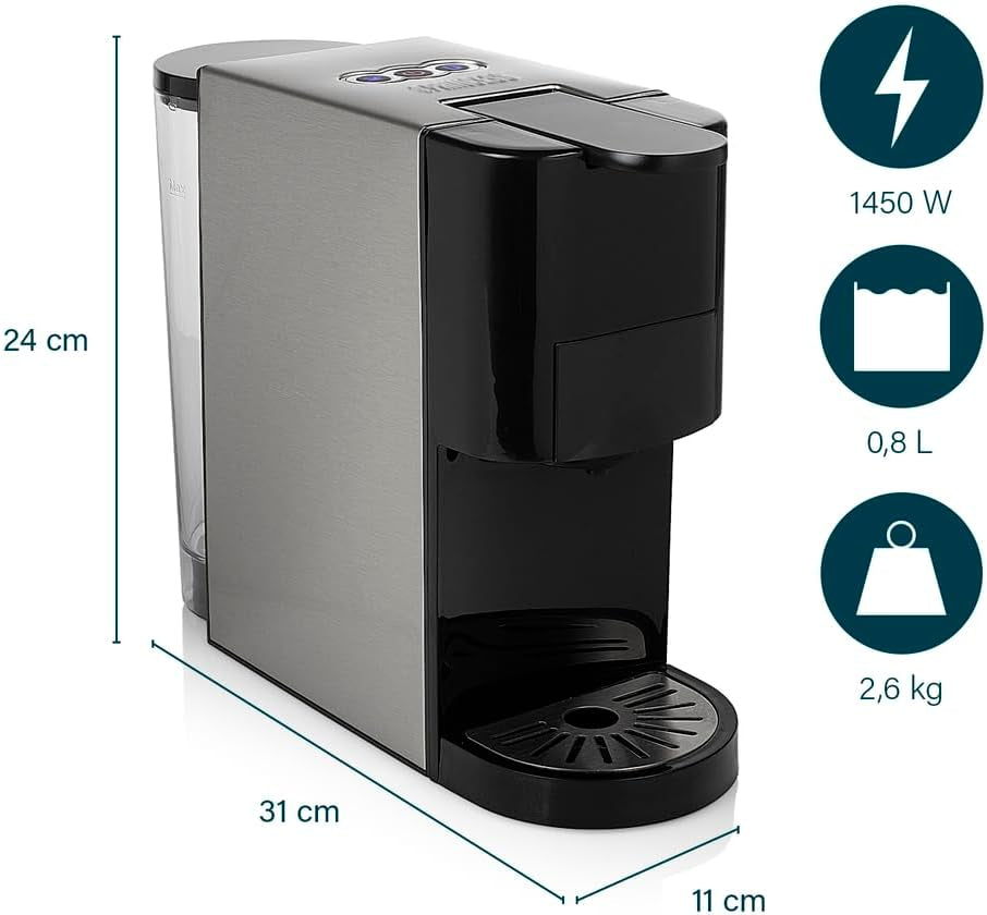 Cafetera espresso multicápsulas Princess 4 en 1 - 1450 vatios, cápsulas, monodosis, café molido, sin BPA, 249450, 01.249450.01.001, negra, plateada
