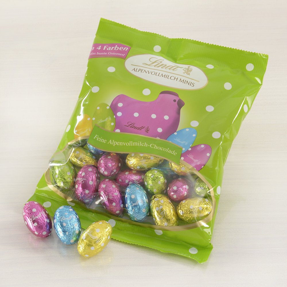 Pequeños Amigos de Pascua con Chocolate | 2 x 100 g y Decoración de Chocolate Mini Huevos con Leche Alpina | 2 sobres de 180 g | Huevos de chocolate con leche premium, empaquetados de forma alegre y colorida, en cuatro colores para Pascua