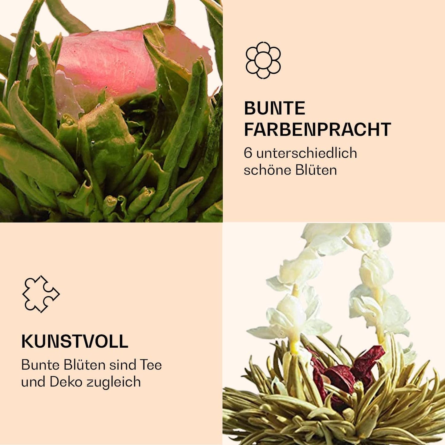 Feelino Elegant Caja Mixta de 6 Piezas - Flores de Té Blanco Feelino en una preciosa caja de degustación y regalo con 6 rosas de té blanco diferentes, envasadas individualmente al vacío, paquete de 1 pieza