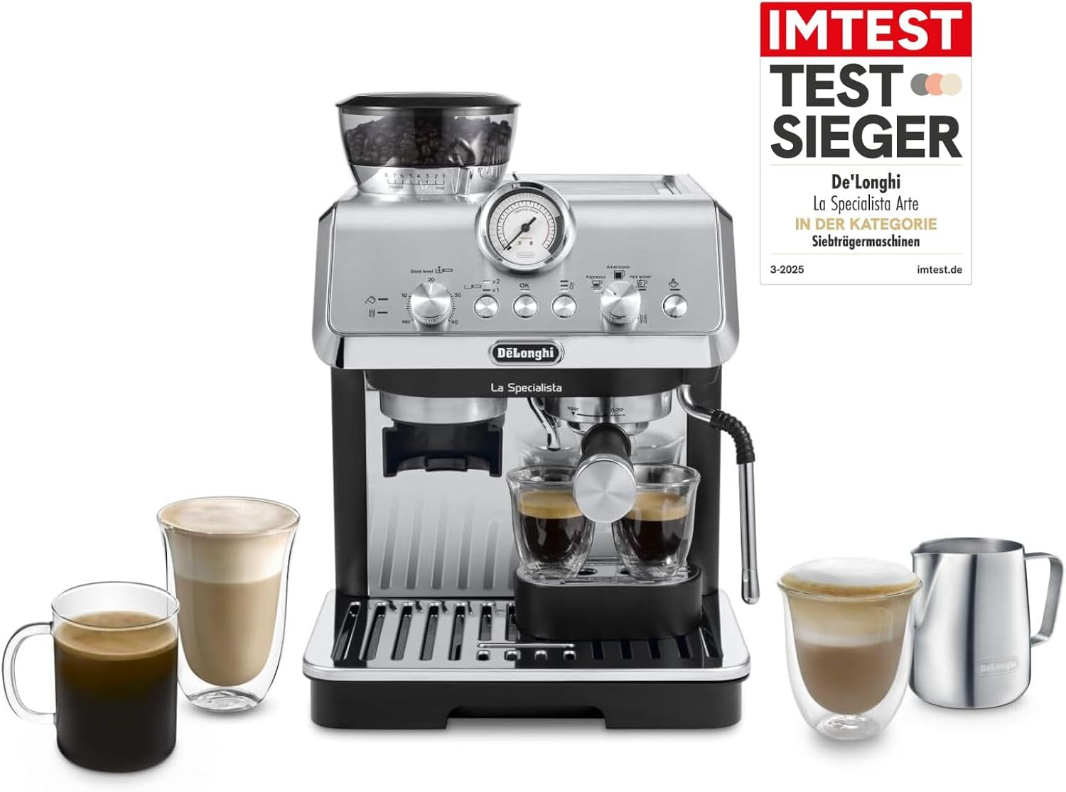 De'Longhi La Specialista Arte EC9155.MB Cafetera espresso con portafiltro y molinillo, 8 niveles de molido, 15 bares de presión, 3 niveles de temperatura, espumador de leche, 1550 W, depósito de 1,7 L, acero inoxidable/negro, incluye kit de barista