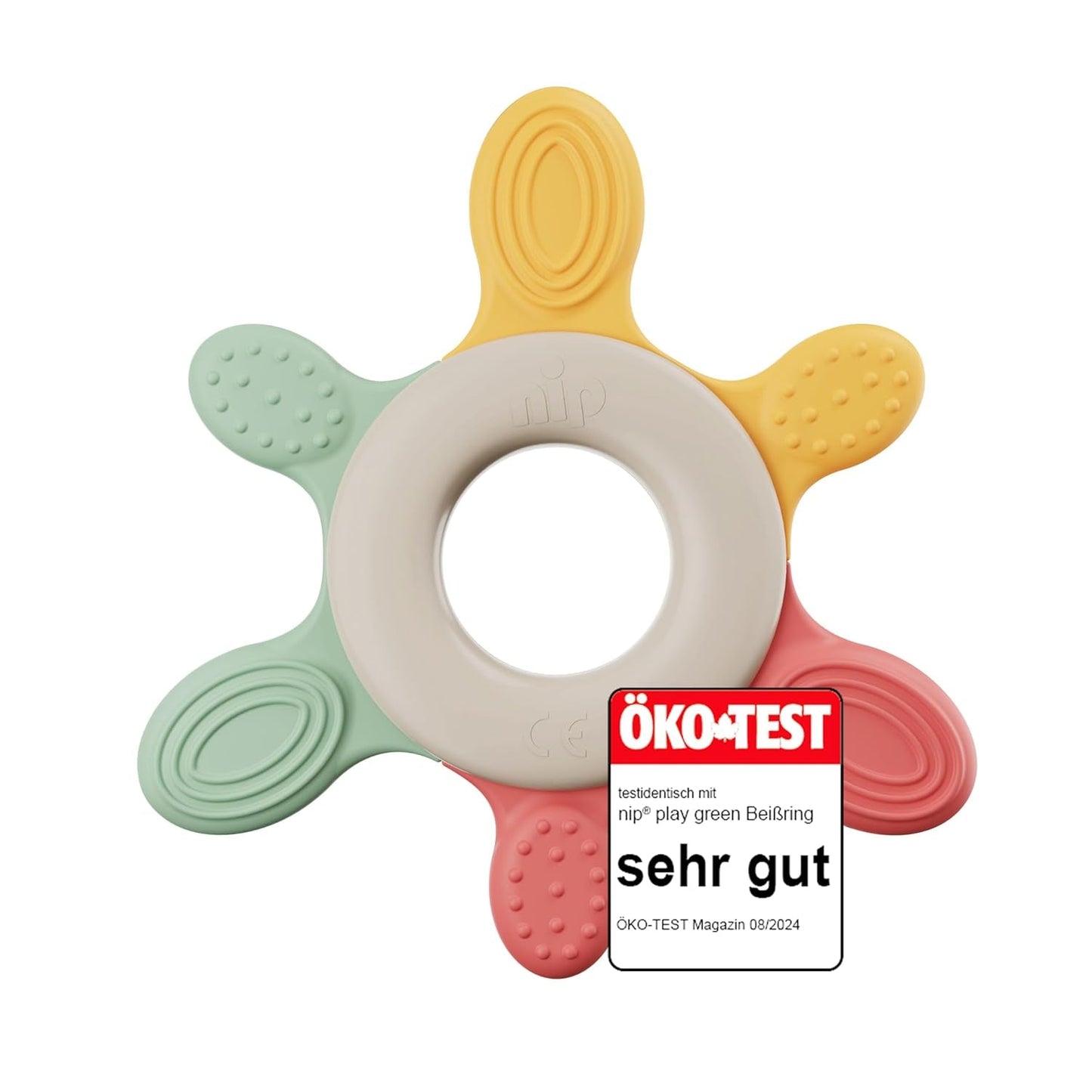 nip – Anillo de dentición | Mordedor sostenible para bebés a partir de 3 meses, elaborado con más de un 65% de materias primas naturales. Para un suave masaje de encías, lengua y dientes | Rojo/Verde/Naranja
