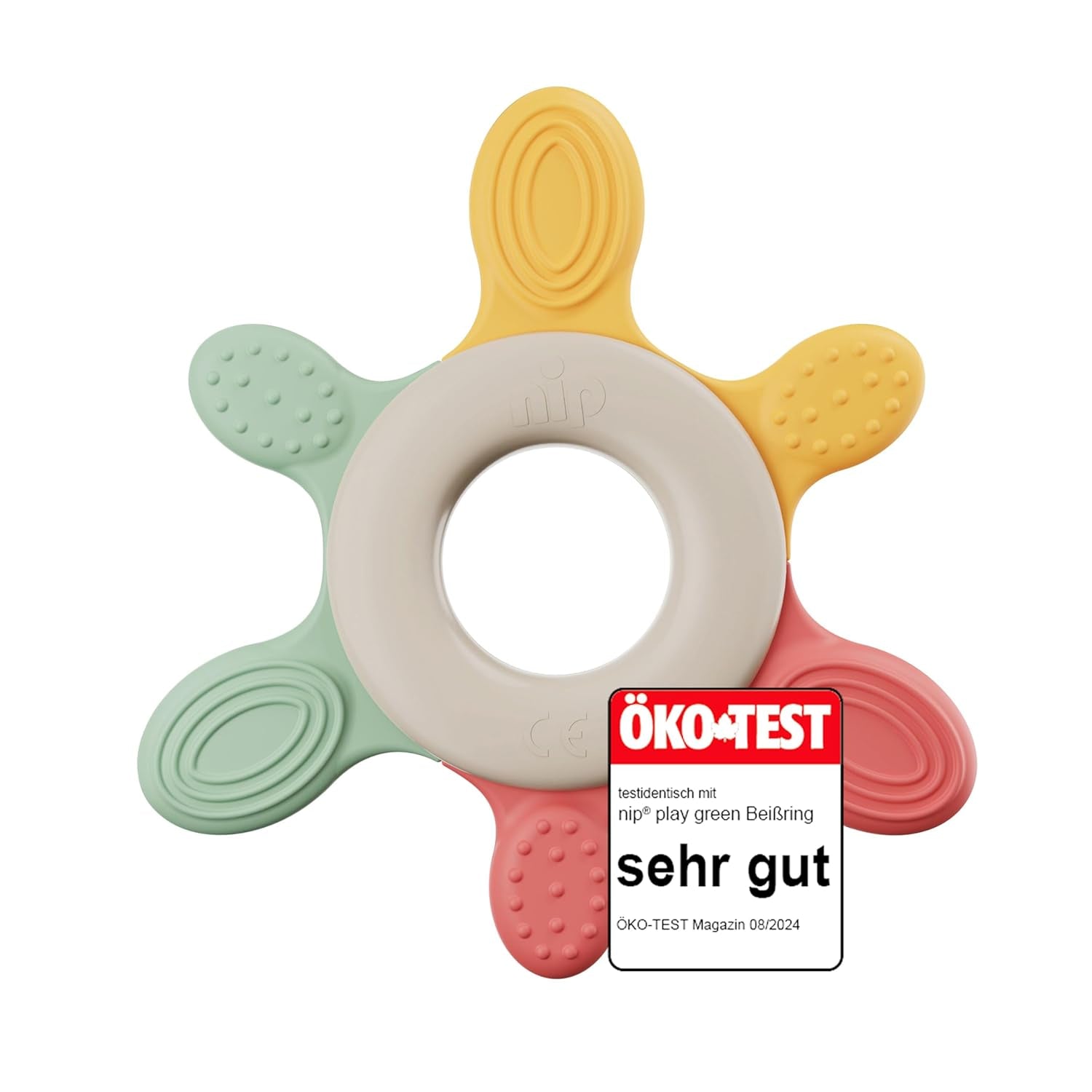 nip – Anillo de dentición | Mordedor sostenible para bebés a partir de 3 meses, elaborado con más de un 65% de materias primas naturales. Para un suave masaje de encías, lengua y dientes | Rojo/Verde/Naranja