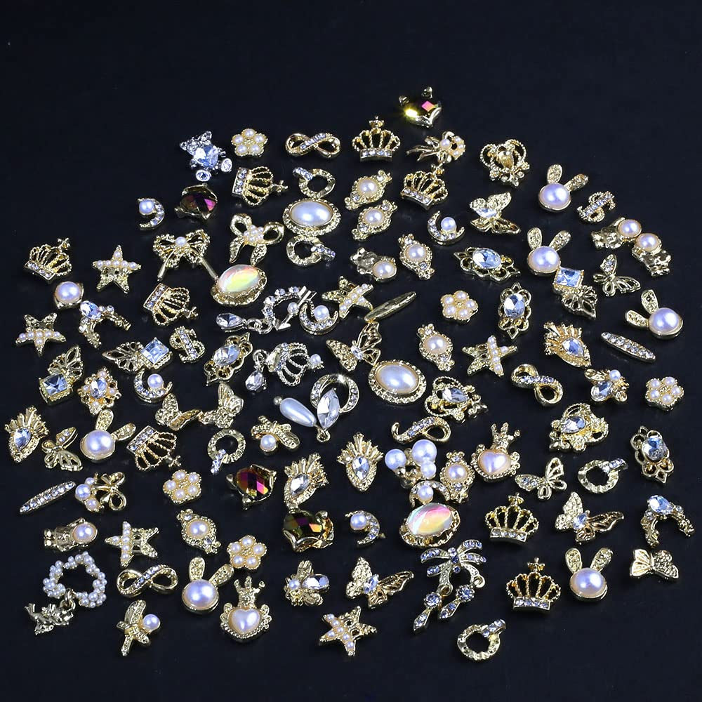 50 Stück Gold Nail Charms, estilos mixtos Glitzersteine ​​​​Nägel Perle Legierung Nagel Steine ​​​​Blume Schmetterling Strasssteine ​​​​Nägel Herz Stern Nagel Charms DIY Nail Art Zubehör Frauen Nägel Deko