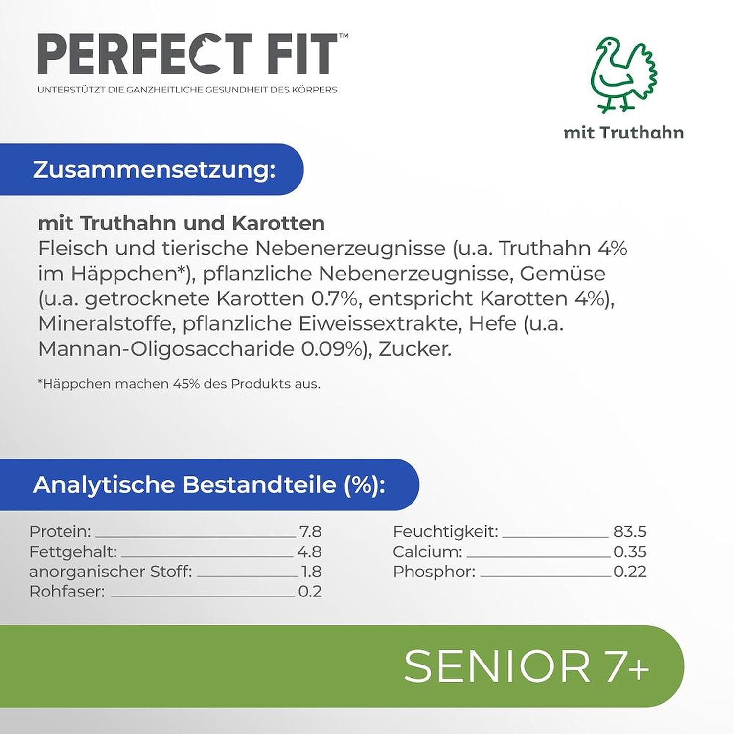 PERFECT FIT™ Bolsas de porciones para gatos mayores con pavo y zanahorias, 12 x 85 g