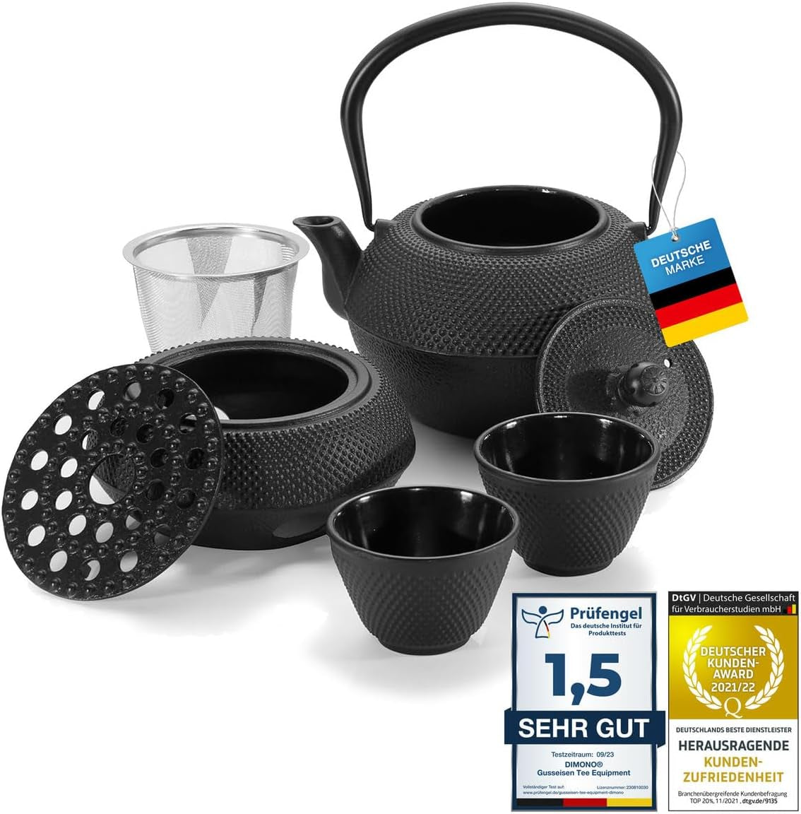 Juego de té tradicional de hierro fundido Dimono: tetera, calentador y 2 tazas de té.