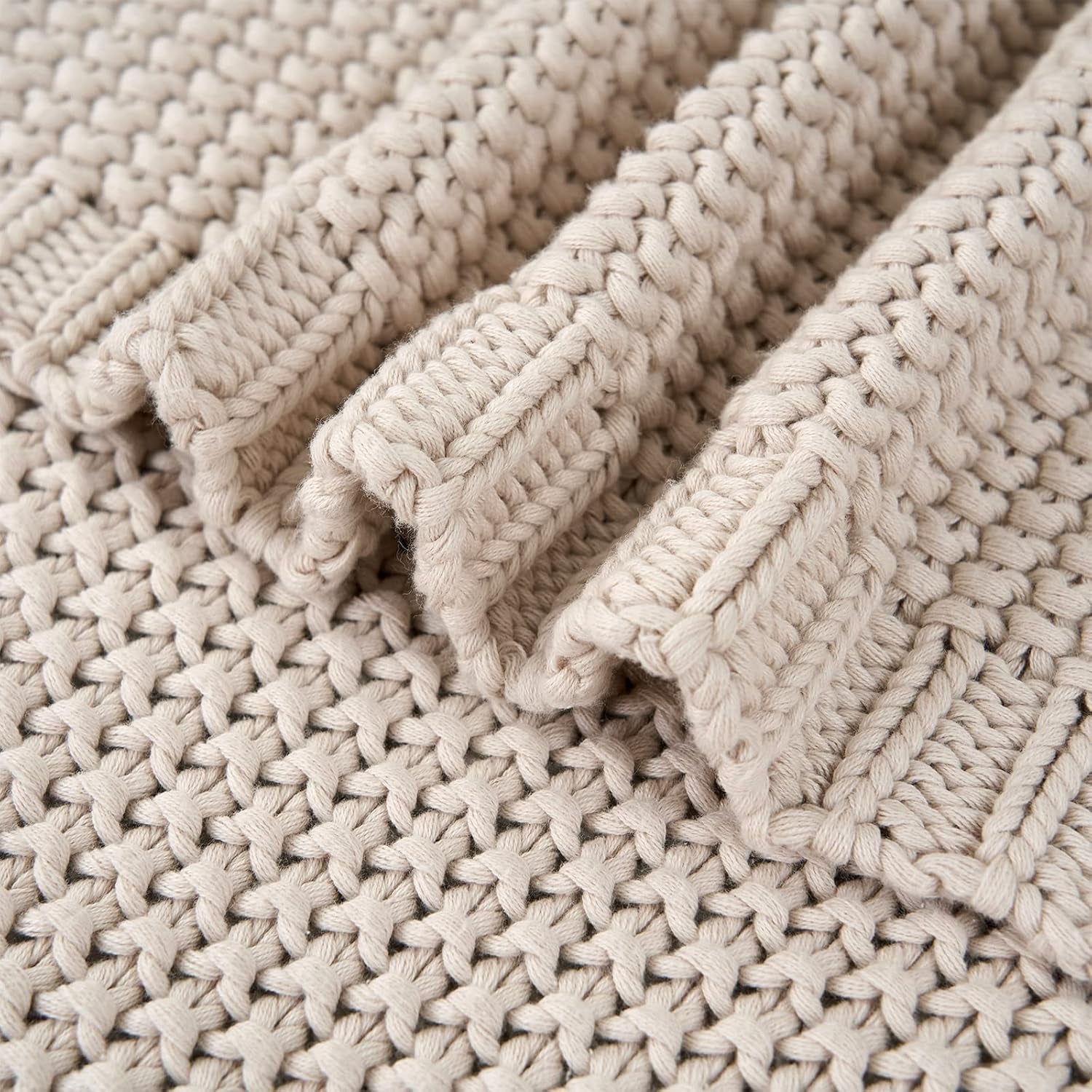 Manta de punto grueso, Ligera, Beige, 100% algodón orgánico, Manta para sofá, sofá, cama, niño, habitación infantil, Rústica, Shabby chic, Casa de campo moderna, 152,4 X 203,2 cm, Incluye bolsa de lavandería Camas y mantas Ropa de cama Longhui