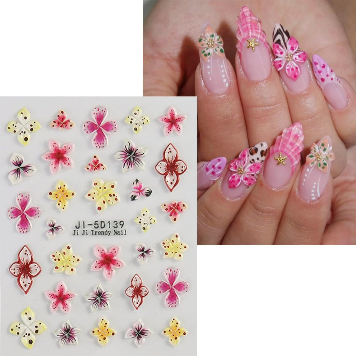 JMEOWIO 3D Nagelsticker Flor Colorida Nail Art Sticker Selbstklebend Nagelaufkleber 5D Stereoskopisch Primavera Verano Floral Dekoration Nageldesign Zubehör 4 Blatt