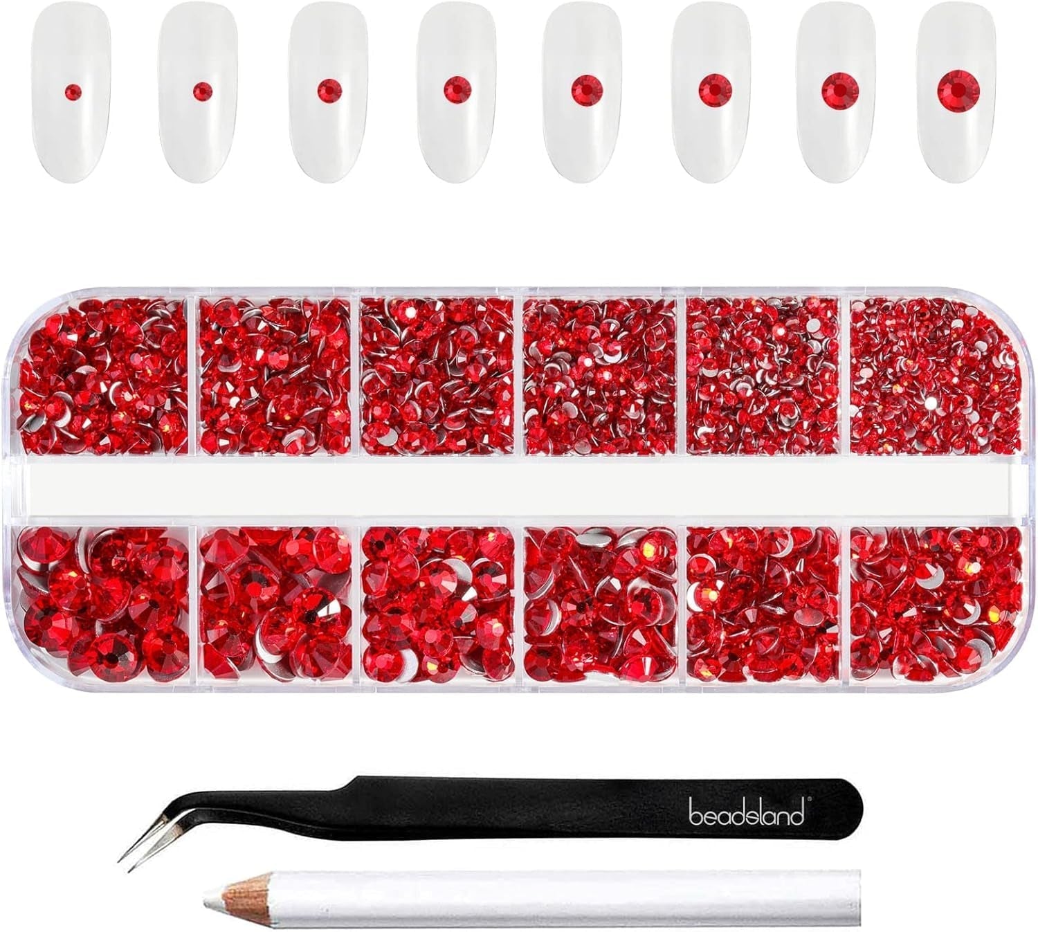 Beadsland 2500 piezas de piedras de cristal para decoración de uñas con parte trasera plana, piedras preciosas para trabajos manuales de 8 tamaños SS4 ~ SS30 con pinzas y puntas (Kristall Weiss)