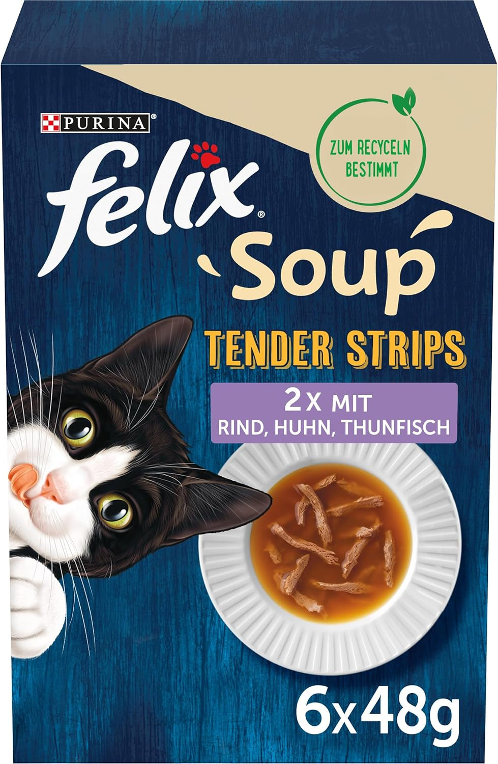 Tiras de sopa Felix, sopa para gatos, variedad mixta, paquete de 8 (8 x 6 sobres de 48 g cada uno)
