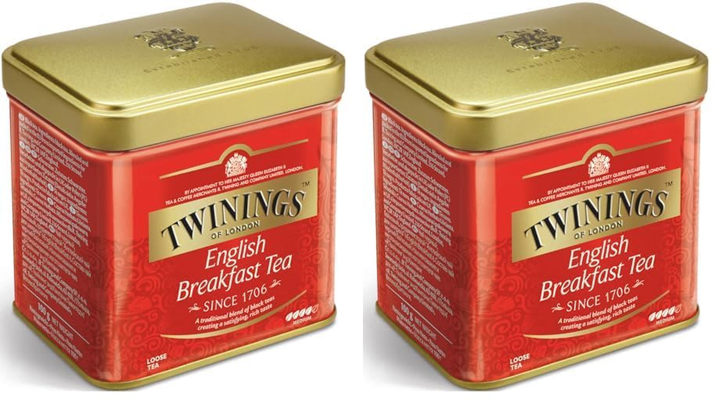 Twinings English Breakfast Tea Té negro suelto en caja de té Té negro fuerte elaborado con hojas de té de alta calidad recogidas de las mejores plantaciones de té de Sri Lanka y la India G, neutro, 100 gramos